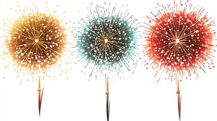 Three colorful fireworks exploding against a white background, perfect for celebrations and events