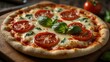 © claudunia - Margherita pizza close-up on a cutting board with basil.
