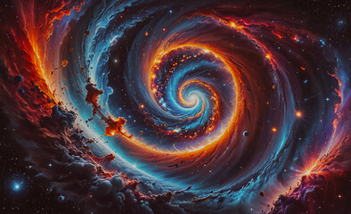Wall Mural - Spiral galaxy with a red and blue swirl. The spiral is surrounded by clouds of gas and dust