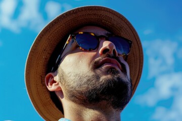 Wall Mural - A man wearing a hat and sunglasses looks up, possibly contemplating or observing something