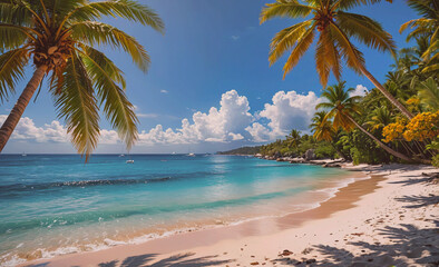 Poster - Beautiful beach with palm trees and a blue ocean. The water is calm and the sky is clear