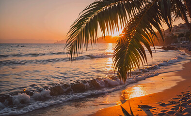 Poster - Palm tree is on the beach with the sun shining on it. The water is calm and the sky is orange