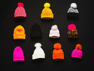 Wall Mural - Collection of stylish beanie hats in bright colors isolated on a black background