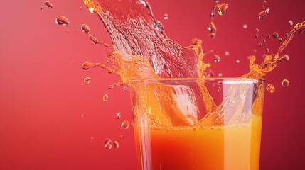 Poster - A refreshing glass of juice is being prepared as vibrant orange liquid splashes upward.