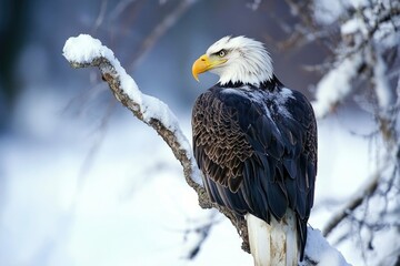 Wall Mural - A bald eagle perched on a snowy branch in winter landscape