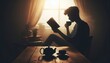 © meka - A person sipping tea while reading a book, silhouette, action photography, aesthetics,