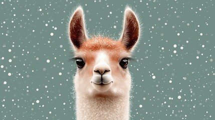 white llama portrait with snowfall on green background