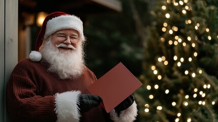 Wall Mural - Santa Claus smiles joyfully while gesturing towards an open letterbox in a vibrant city street decorated for Christmas festivities