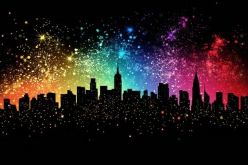 Poster - The skyline showcases towering buildings adorned with bright fireworks lighting up the night sky in a festive display of color. Generative AI
