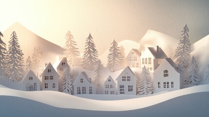 Aufkleber - Intricate paper-cut village showcases charming houses and pine trees, creating a whimsical winter wonderland lit softly and invitingly. Generative AI