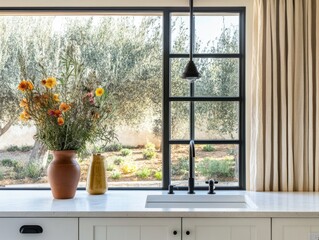 A vase of flowers sits on a counter next to a sink. The sink is white and has a black faucet