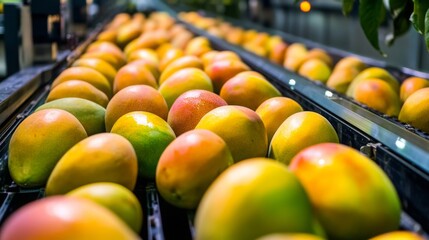 Poster - Rows of vibrant, ripe mangoes are meticulously arranged on a conveyor belt as they move through the juice making process in a modern facility. Sunlight highlights their colors.