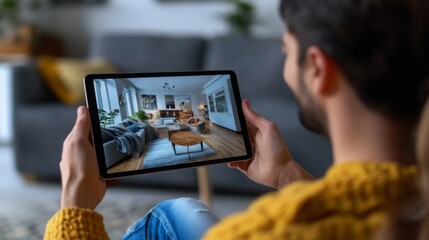 Aufkleber - A person holds a tablet while browsing real estate listings in a well-furnished living room. The cozy atmosphere showcases modern interior design with stylish furniture and decor.