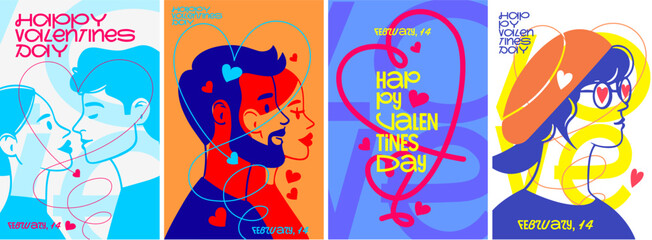 Wall Mural - bold valentine's day poster set featuring colorful couple portraits and dynamic heart motifs. perfec