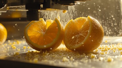 Poster - Juicy orange halves are positioned under a juicing machine.