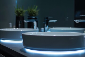 Poster - A modern bathroom with two sinks and a decorative plant on the counter