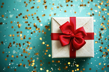 Beautifully wrapped Christmas gift box with red bow on a turquoise background with gold glitter