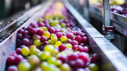 Fototapete - Freshly harvested grapes of various colors flow on conveyor belts during the juice production process. Workers oversee the sorting and preparation of these grapes for juicing applications.
