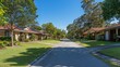© KarpenArt Studio - A serene suburban street lined with charming homes and lush green lawns under a clear blue sky. suburban development concept.