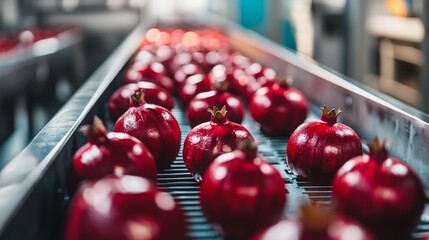 Aufkleber - Bright red pomegranates are arranged neatly on a conveyor belt in a juice production facility. Workers prepare to extract juice, processing the fruits efficiently during daytime operations.