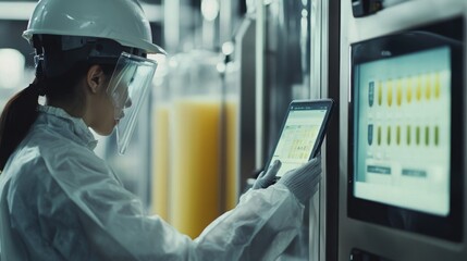 Leinwandbilder - In a clean room, a juice production worker in protective gear checks the juice-making process on a tablet.