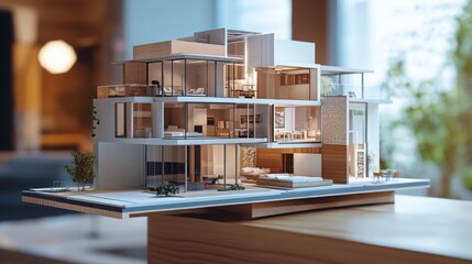 Poster - A sleek architectural model displays a contemporary multi-level residential structure with large windows and open spaces. This representation highlights modern living concepts in urban real estate.