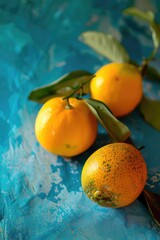 Wall Mural - Fresh oranges with leaves on a bright blue surface, great for food or nature scenes