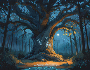 Poster - Enchanted Forest Tree with Glowing Symbols