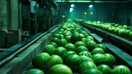 Poster - A busy juice production facility features bright green watermelons moving along conveyor belts. The dimly lit space highlights the vibrant produce being prepared for juice making.