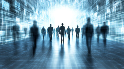 Poster - Business professionals approaching a shining light at the end of a digital hallway