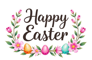 Wall Mural - Happy Easter illustration with eggs and flowers on white background. Holiday banner.