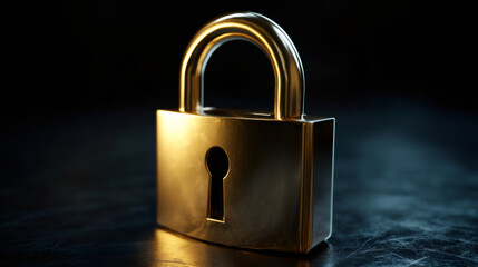 Fototapete - Closed golden padlock on a dark surface represents data protection, privacy, and security