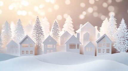 Leinwandbilder - White paper-cut houses create a charming Christmas village nestled among delicate trees, illuminated by soft, warm lights. Generative AI