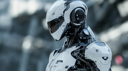 Leinwandbilder - Advanced technology and artificial intelligence embodied by a futuristic robot in helmet and armor standing in a blurred background