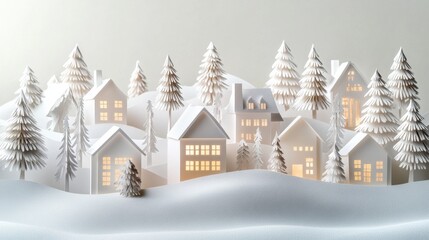 Aufkleber - A beautiful display of a paper-cut Christmas village featuring intricate houses and trees, warmly lit against a snowy backdrop for the holidays. Generative AI