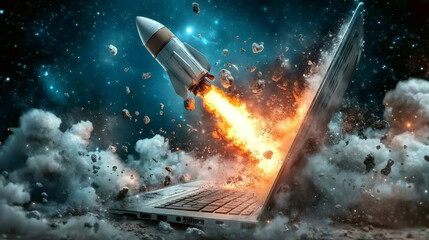 Poster - Rocket ship blasting off from a laptop screen into a stunning space backdrop, causing fiery explosions