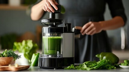 Aufkleber - A person prepares a healthy green juice using a high-quality juicer, focusing on fresh ingredients like leafy greens and vegetables. The activity takes place in a bright, inviting kitchen.