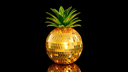 a shiny disco ball shaped like a pineapple, with metallic gold surface and green spiky leaves, glowi