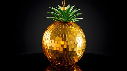 a shiny disco ball shaped like a pineapple, with metallic gold surface and green spiky leaves, glowi