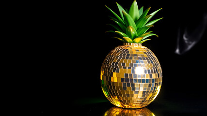 a shiny disco ball shaped like a pineapple, with metallic gold surface and green spiky leaves, glowi