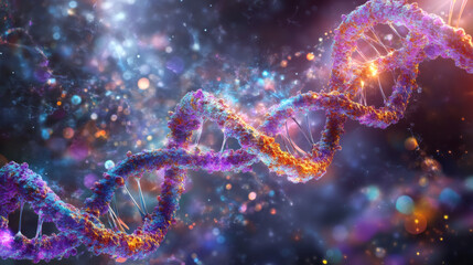 Fototapete - Mesmerizing visual of a colorful dna double helix rotating in a microscopic setting with a bokeh effect