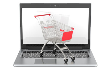 Wall Mural - Shopping cart on the keyboard of laptop, 3D rendering isolated on transparent background