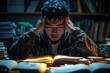 © Anusa - Stressed Student Studying Intently at Desk in Library Workspace