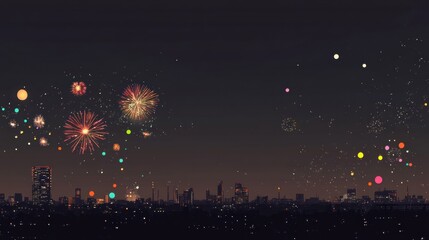 Poster - Colorful fireworks light up the night sky over a stunning city skyline, creating a festive atmosphere and celebrating the evening's excitement. Generative AI