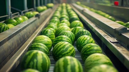 Aufkleber - Watermelons are lined up on a conveyor belt in a processing facility where they are being sorted for juicing. Workers are dedicated to ensuring quality and efficiency during this operation.