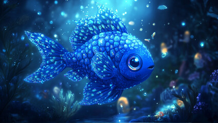 Wall Mural - Blue fish with gills in the sea with bright colors