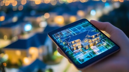 Aufkleber - A person holds a smartphone displaying a digital model of a property, showcasing advanced real estate technology.