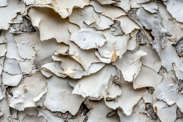 Wall Mural - Textured birch bark close-up, white and gray peeling layers with intricate dark lines, natural and rustic