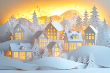 Aufkleber - A charming paper-cut village showcases intricate houses and trees, warmly lit to create a cozy holiday atmosphere. Generative AI