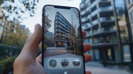 Aufkleber - A person holds a smartphone displaying a 3D model of a building, showcasing real estate possibilities in a city.